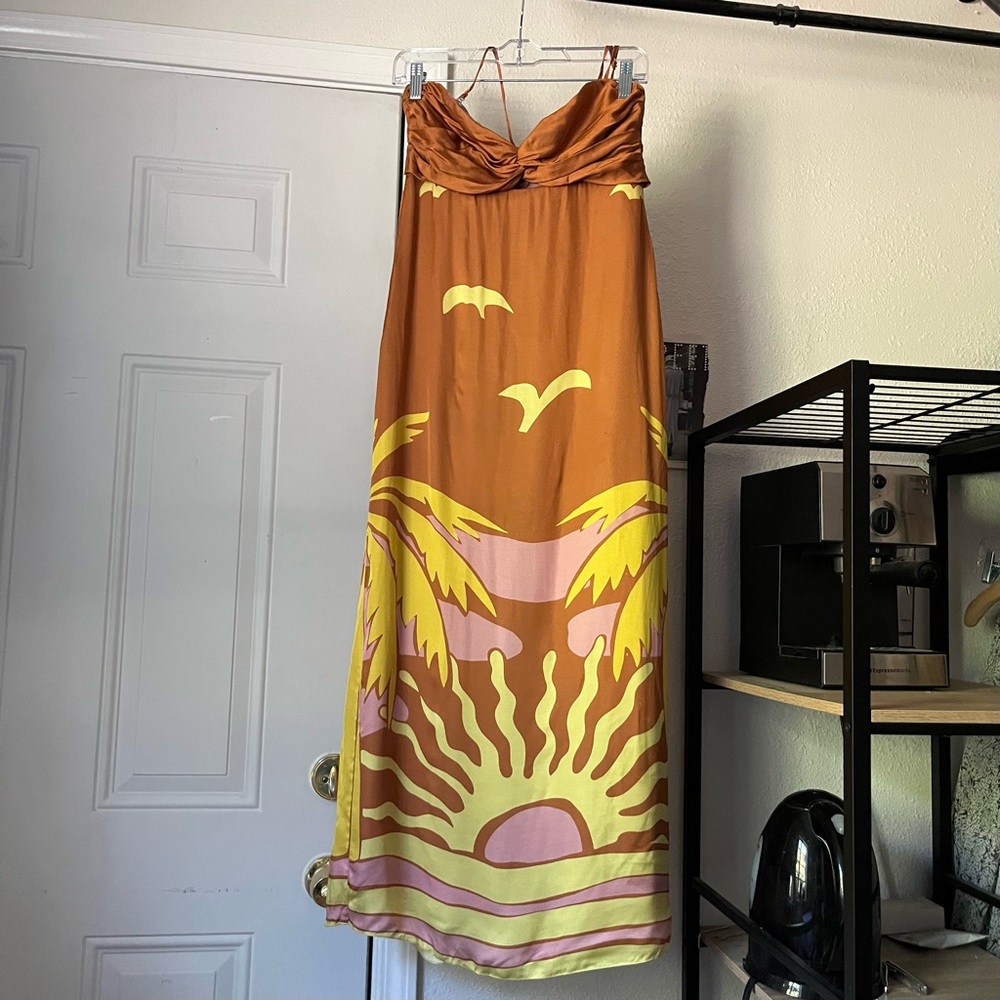 CALA DE LA CRUZ‎ rust orange sunset beach tropical satin cutout twist midi dress